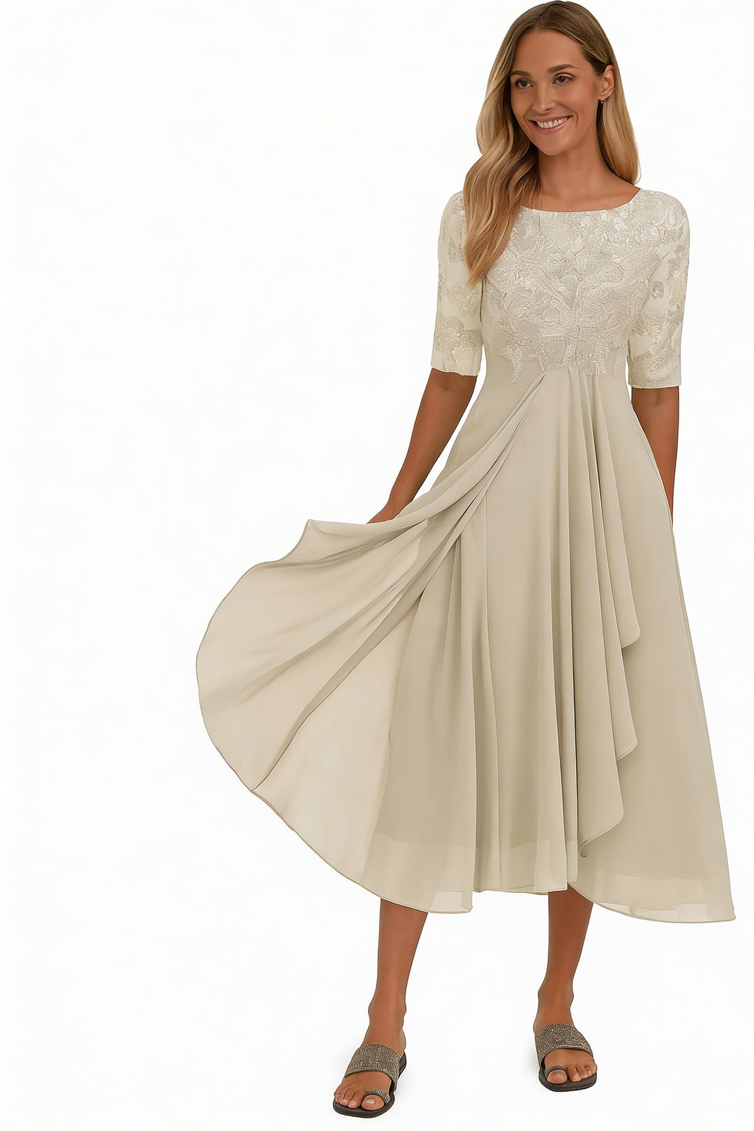 Elegante dames midi jurk met verfijnd bovenstuk en zwierige rok, perfect voor een chique avond.