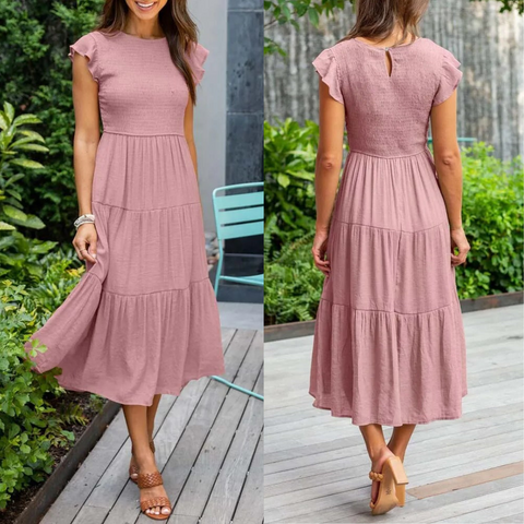 Modieuze dames midi jurk met vlindermouwen, een flatterende zomerjurk in vrolijke kleuren, perfect voor elk feestje.