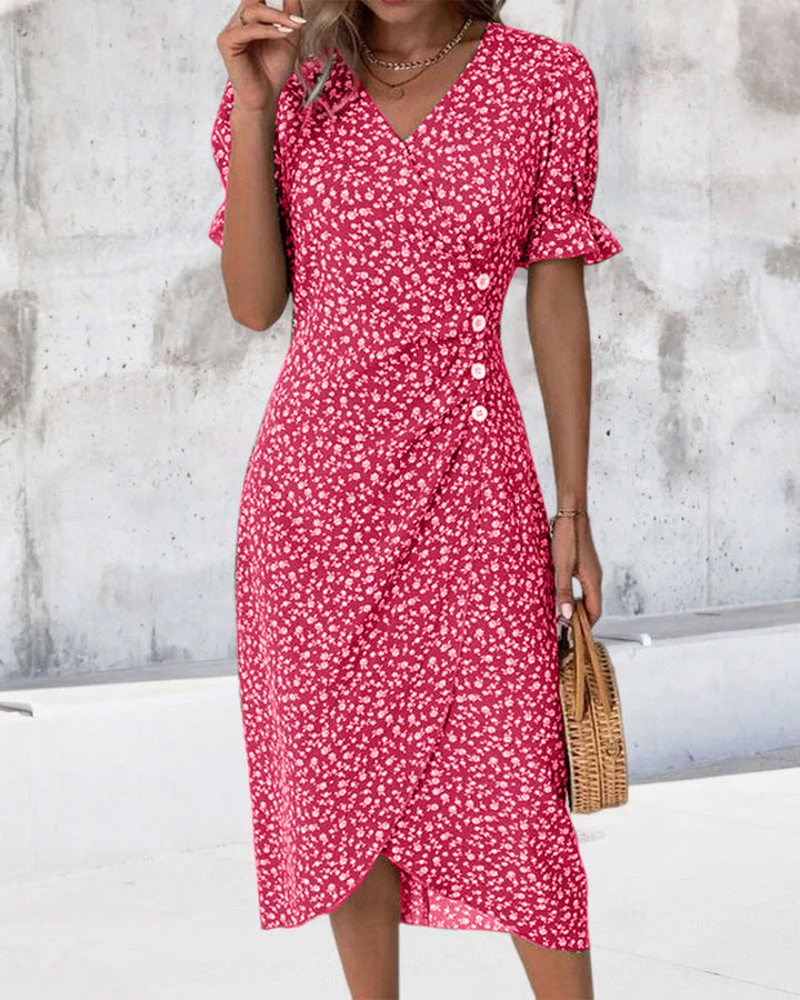 Casual dames midi jurk met V-hals en korte mouwen, perfect als strandjurk of voor lentemode.