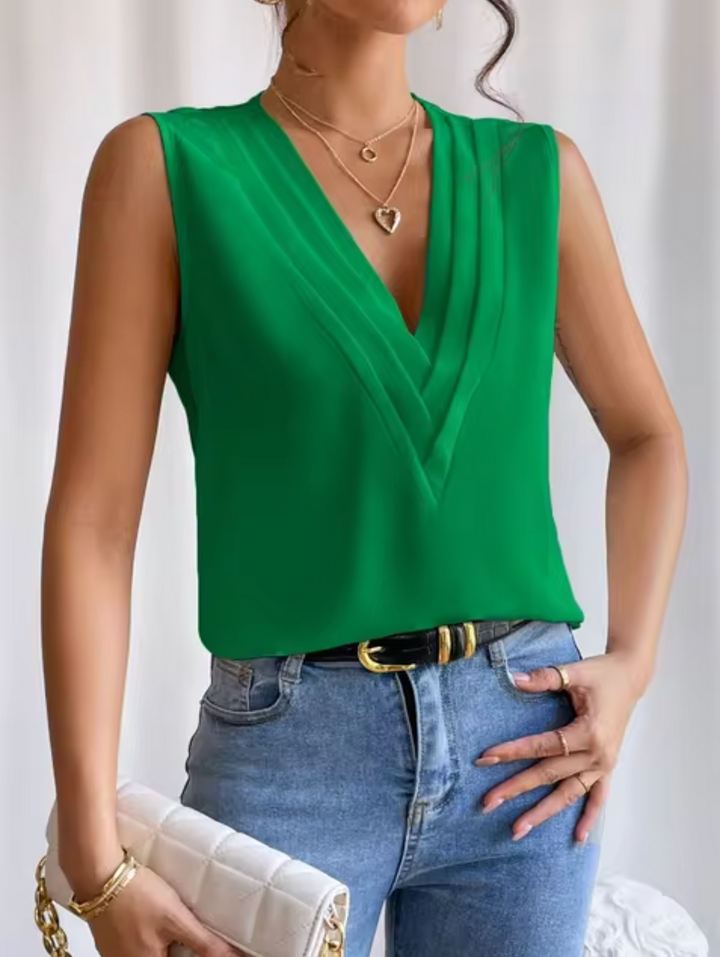 Elegante dames mouwloze V-hals top in comfortabele stof, perfect voor een stijlvolle zomerlook.