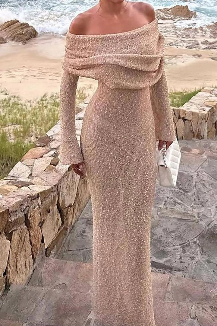 Dames off-shoulder maxijurk, beige/wit, met een flatterend open schouder design voor elke gelegenheid.