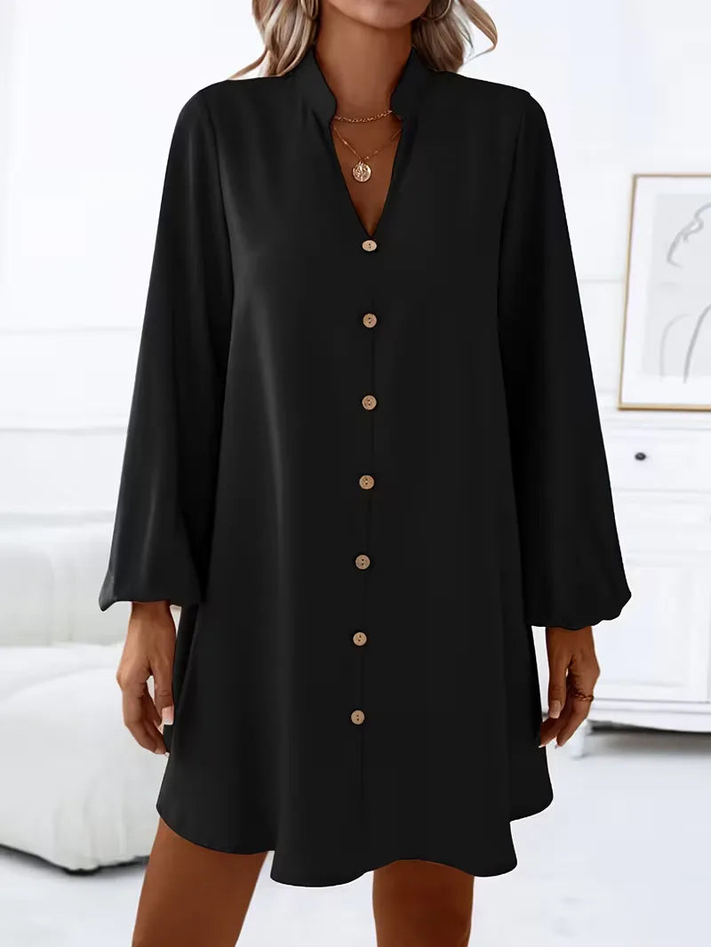 Elegante damesjurk met V-hals en lange mouwen, een chique overhemdjurk voor kantoor en vrije tijd.