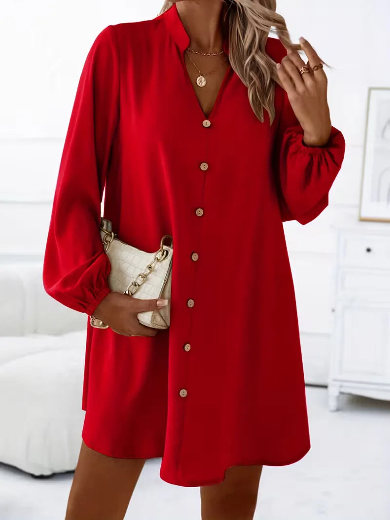 Veelzijdige dames overhemdjurk, V-hals, lange mouwen. Perfect voor lente, herfst, kantoor, smart casual.
