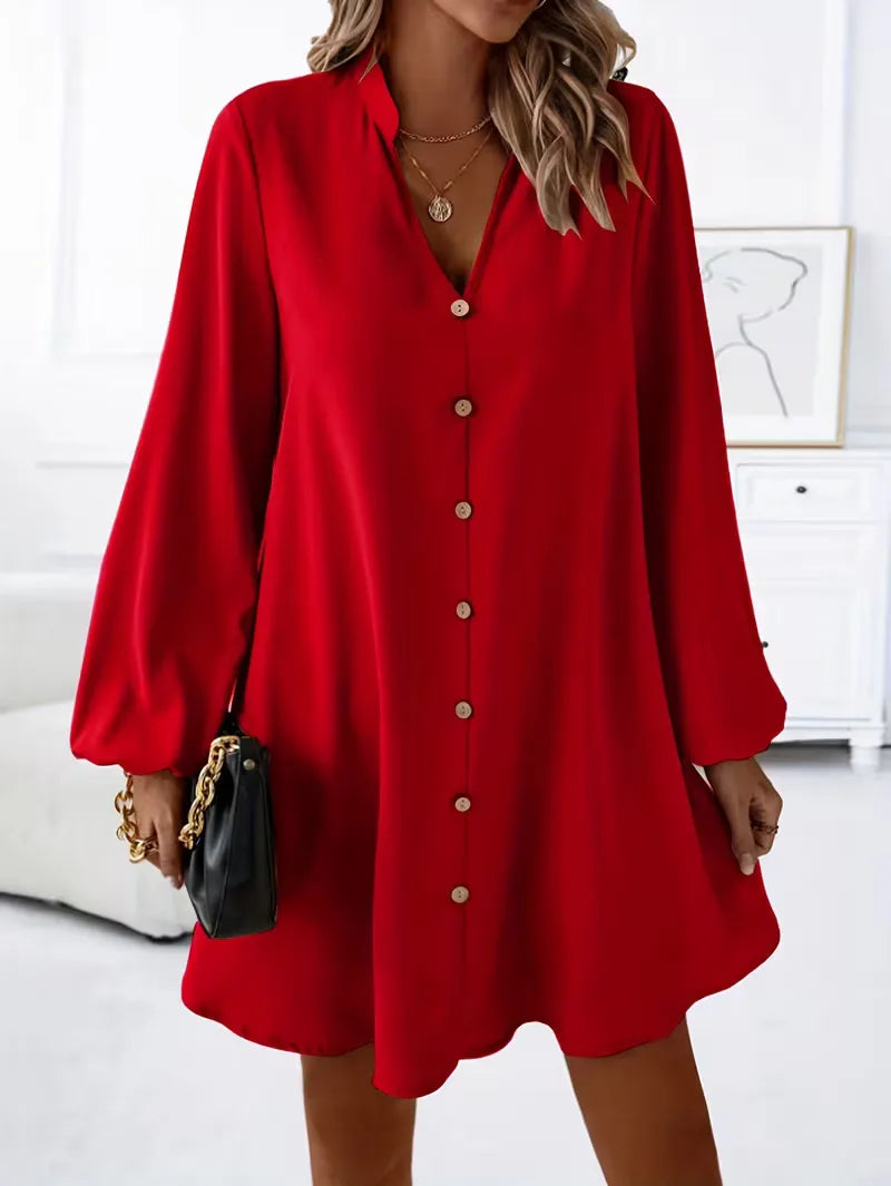 Losvallende dames overhemdjurk met V-hals en lange mouwen, comfortabele lente/herfst jurk. Smart casual.