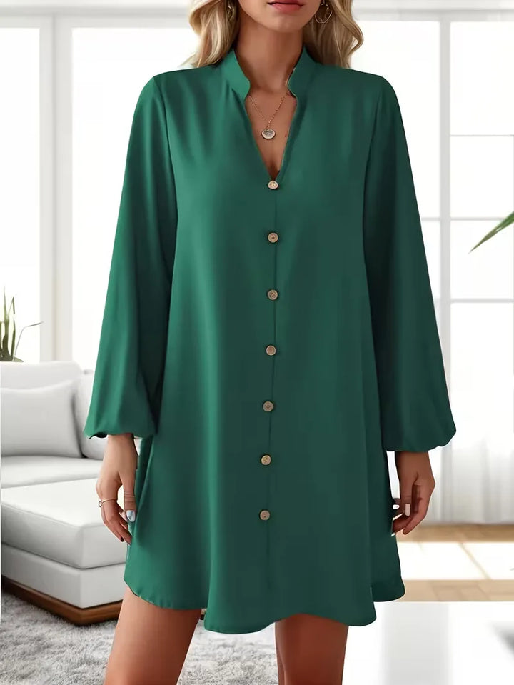 Zachte dames overhemdjurk met V-hals, lange mouwen; comfortabele lentekleding voor kantoor.