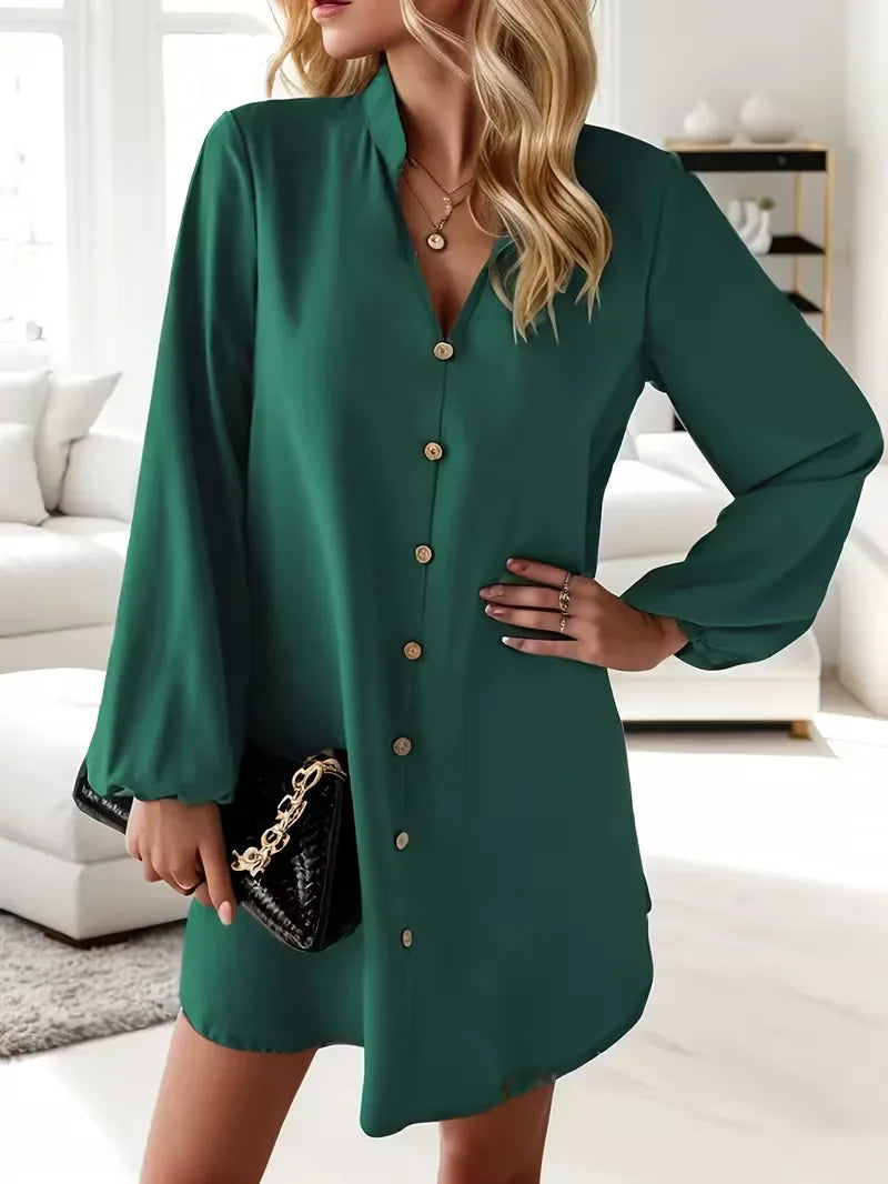 Trendy dames mini overhemdjurk, V-hals, lange mouwen; perfecte herfst/lente smart casual jurk.