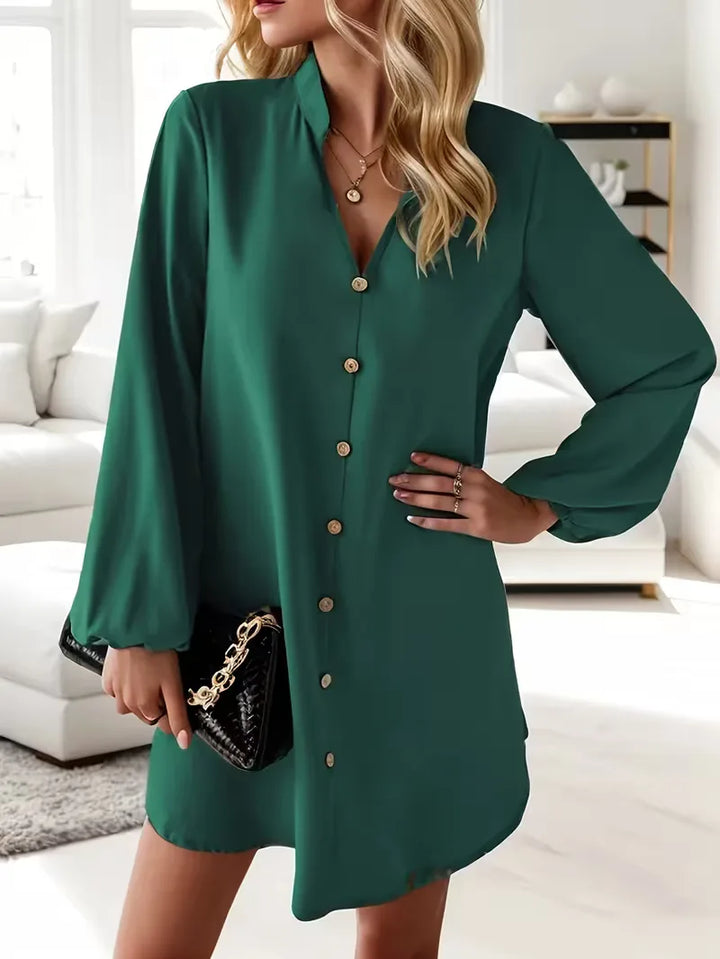 Trendy dames mini overhemdjurk, V-hals, lange mouwen; perfecte herfst/lente smart casual jurk.