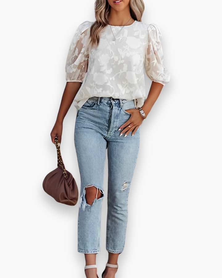 Chique zomer top voor dames met trendy pofmouwen, comfortabel en stijlvol voor warm weer.