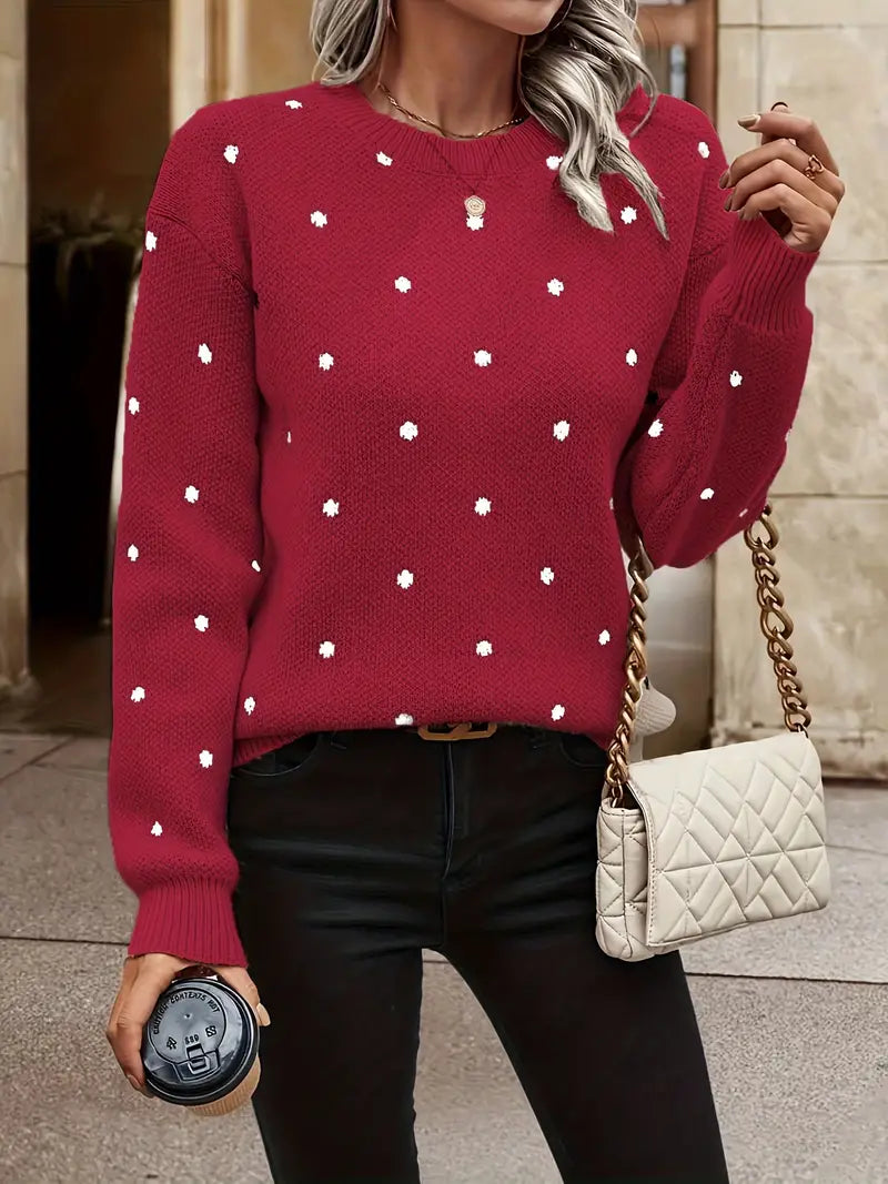 Trendy dames trui met subtiele polkadotjes en lange mouwen, geschikt voor lente en herfst.
