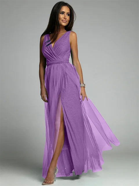 Chique dames feestjurk met V-hals. Comfortabele pasvorm, ideaal voor bruiloften en gala's.