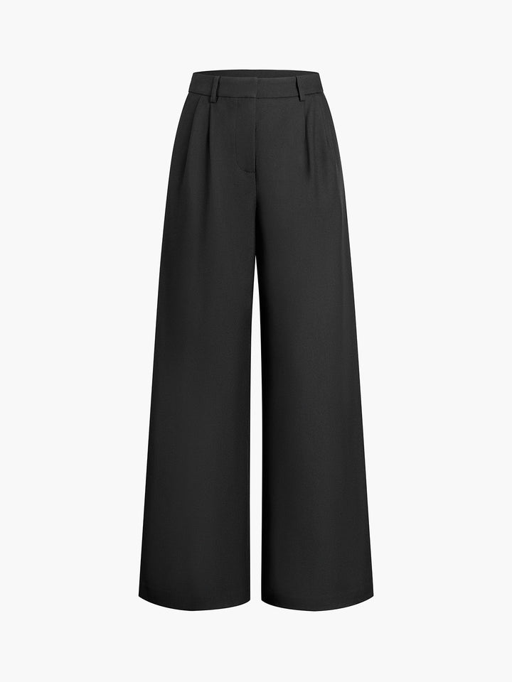 Achteraanzicht van de comfortabele wide leg damesbroek met hoge taille. Toont de perfecte pasvorm en elegantie.