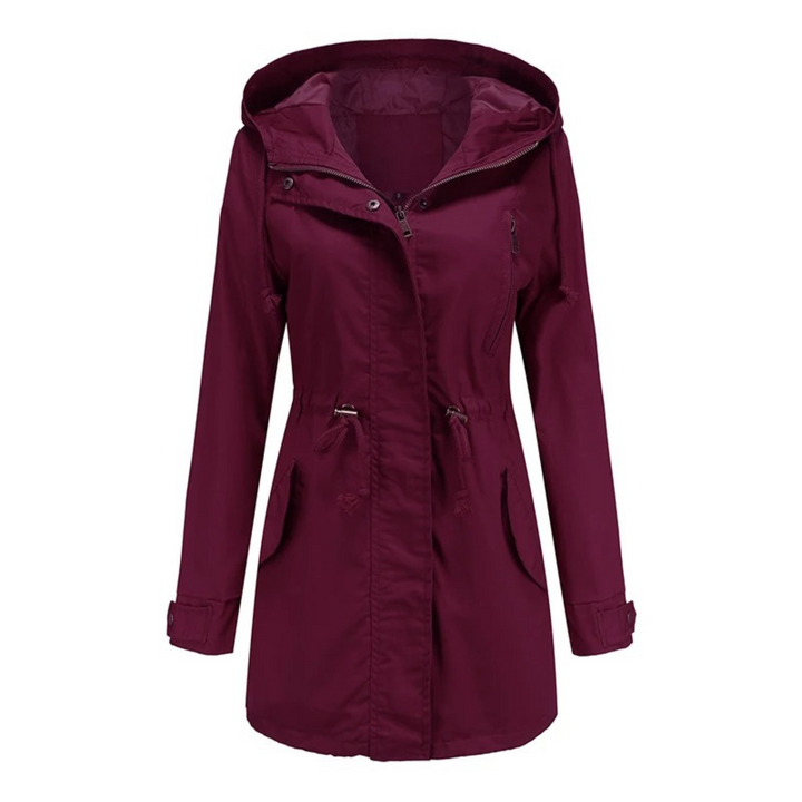 Detail van een modieuze dames lentejas, winddicht polyester-katoen mix met functionele rits en capuchon.