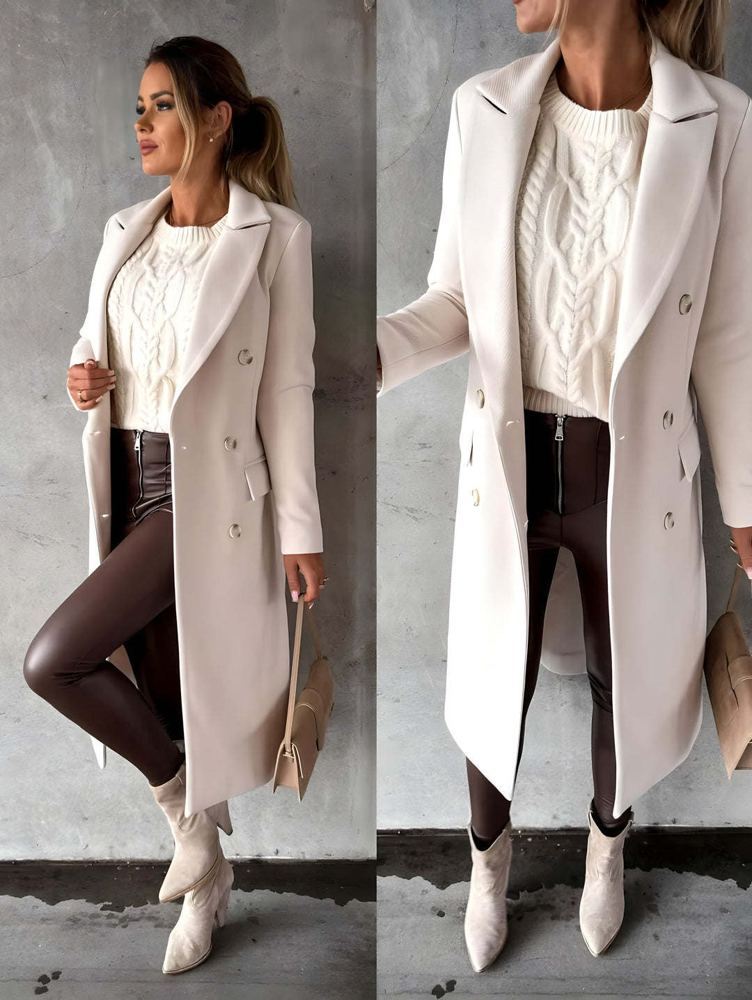 Lange elegante dames winterjas met een tijdloos silhouet, perfect voor elke gelegenheid.