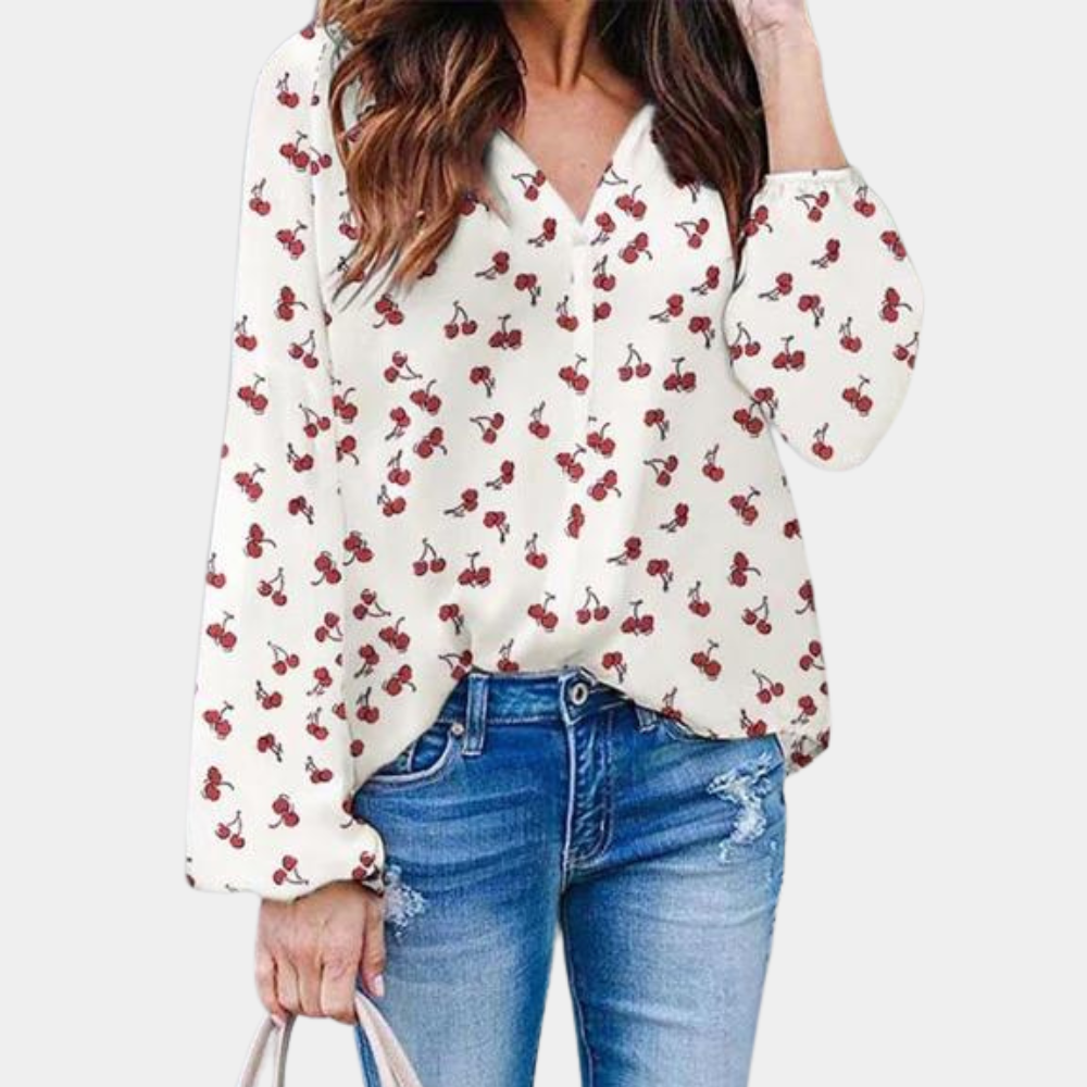 Stijlvolle dames top met vrolijke kersenprint, een casual chic zomerblouse voor elke gelegenheid.