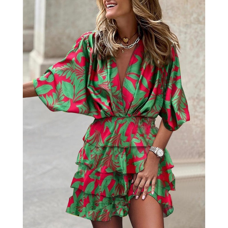 Elegante damesjurk, perfect als modieuze zomerkleding. Met flatterende V-hals en comfortabele vleermuismouwen.