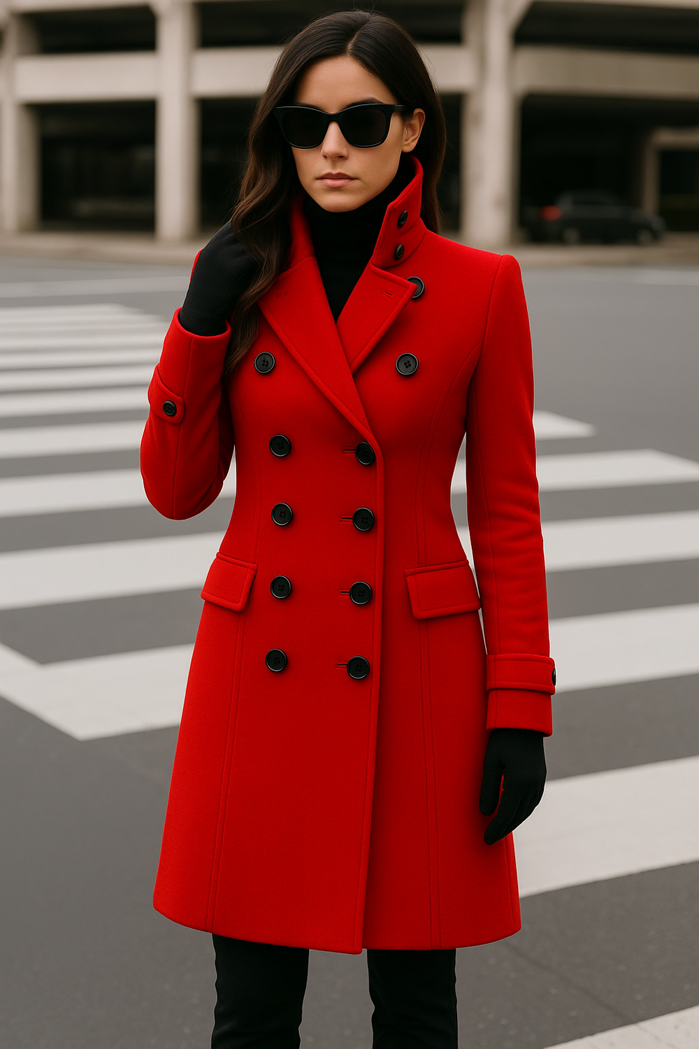 "Elegante damestrenchcoat met hoge kraag, ceintuur en dubbele knoopsluiting, zijaanzicht voor een modieuze uitstraling."