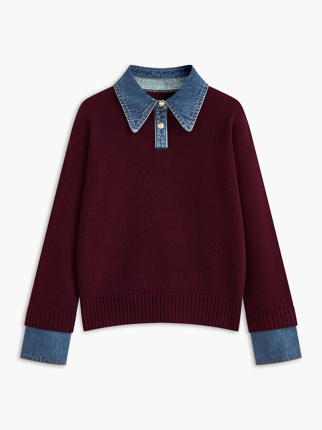 Vooraanzicht van een chique dames trui met stijlvolle overhemdkraag, een must-have voor winterkleding dames.