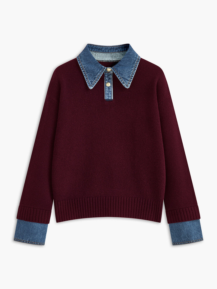 Vooraanzicht van een chique dames trui met stijlvolle overhemdkraag, een must-have voor winterkleding dames.