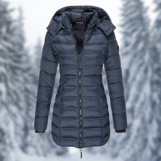 Elegante donkerblauwe dames halflange waterdichte winterjas, ideaal voor koude dagen