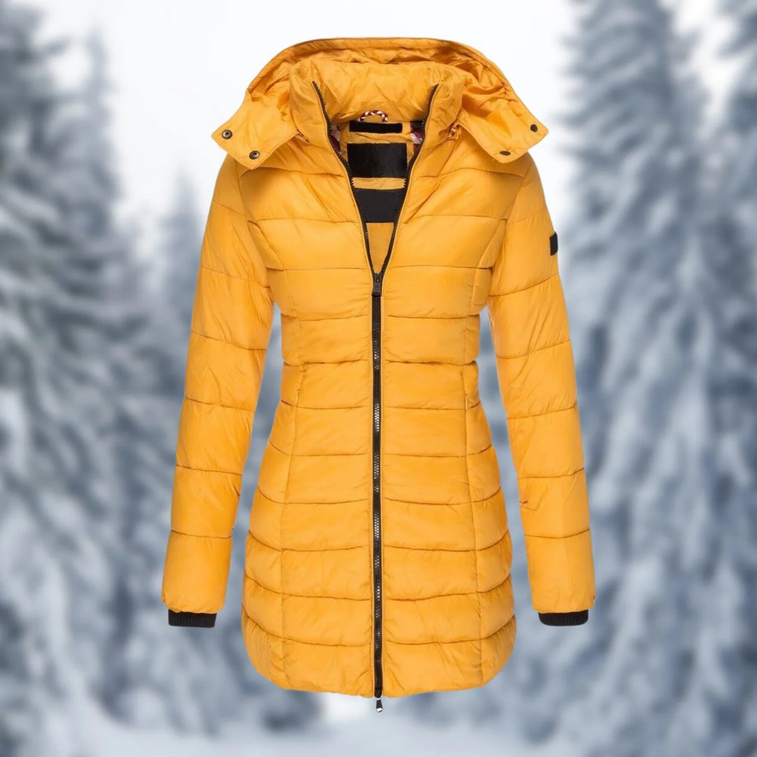 Productfoto van de halflange waterdichte winterjas voor dames, met focus op kleur en textuur