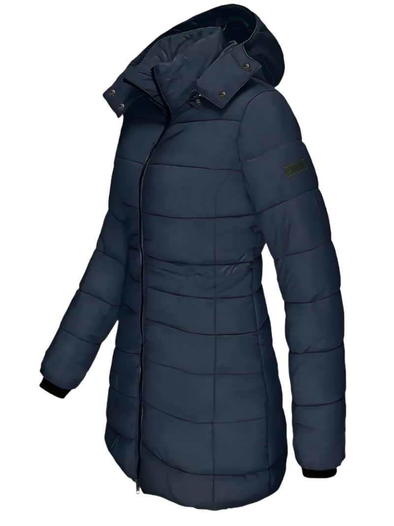 Close-up van de waterdichte stof en stiksels van een dames winterjas, voor optimale warmte