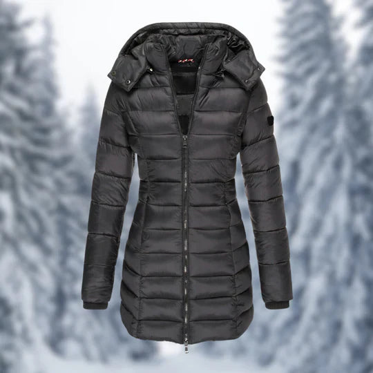 Detail van de capuchon en kraag van de waterdichte halflange winterjas voor dames
