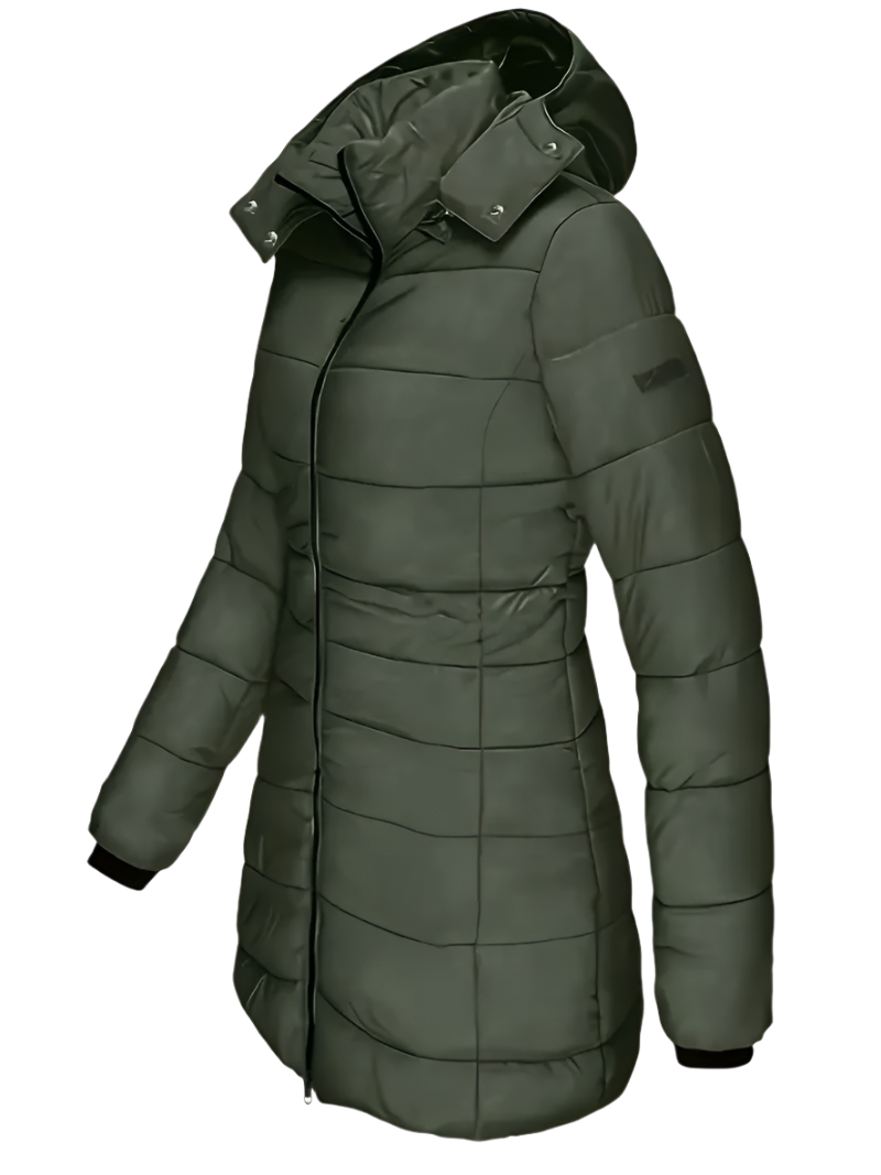 Achterkant van de warme dames winterjas, met aandacht voor design en functionaliteit