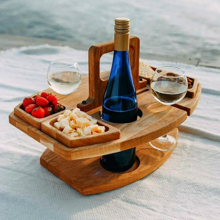 Elegante eiken picknick wijntafel, perfect voor buitenleven. Compact & veelzijdig design voor terras of tuin.