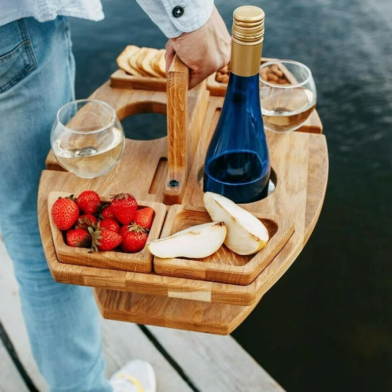 Zomerse eiken picknicktafel voor wijn en hapjes. Creëer ontspanning in de tuin, op terras of strand. Draagbaar.