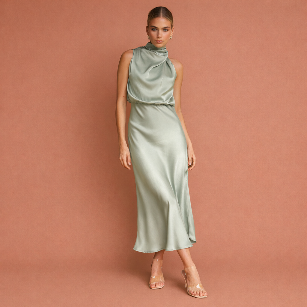 Stijlvolle dames maxi jurk met drapering, geschikt voor zomerse feesten of herfst avondjes, elegante speciale gelegenheid jurk.