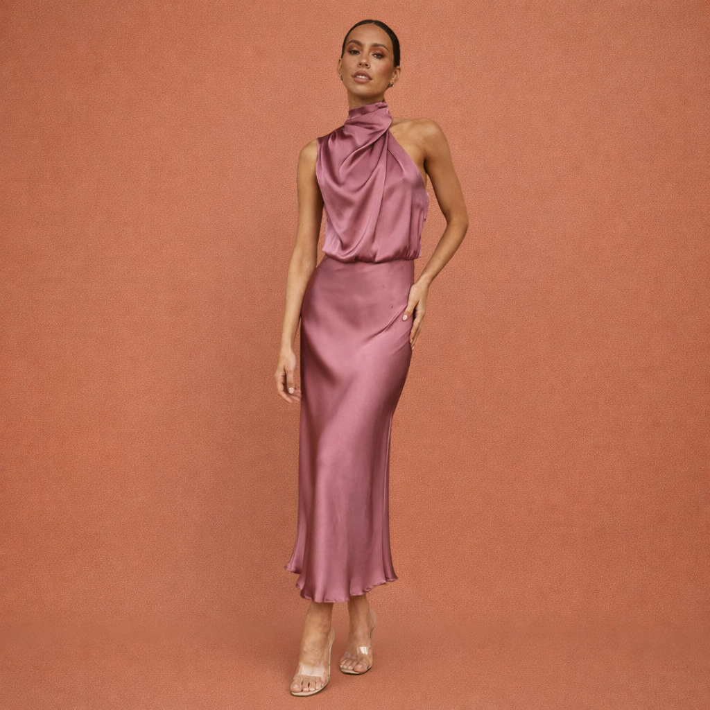 Luxe dames avondjurk, lange gedrapeerde maxi jurk, ideaal voor feesten en formele gelegenheden, elegant en tijdloos.