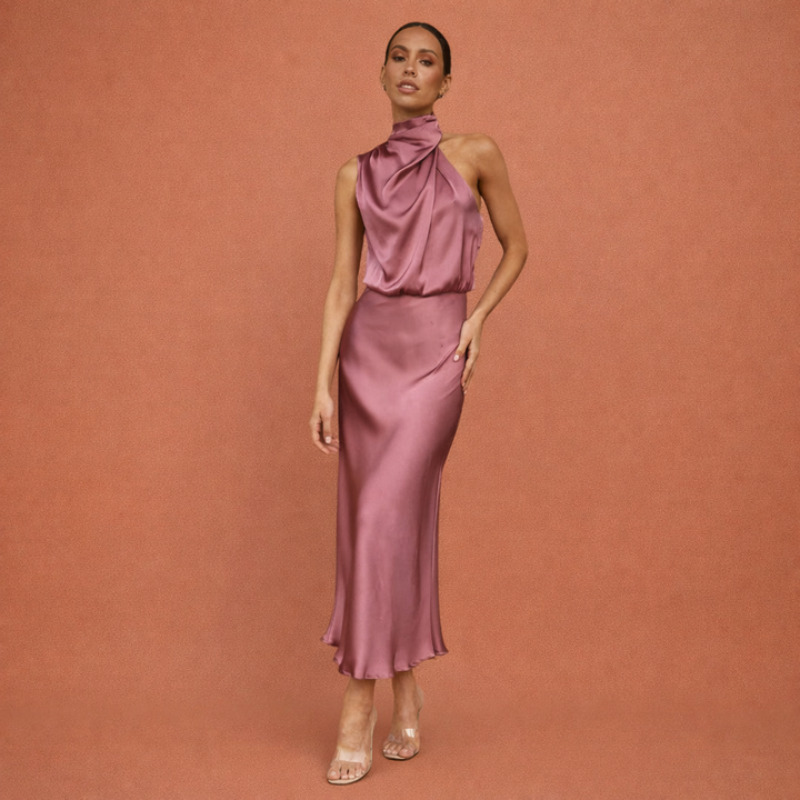 Luxe dames avondjurk, lange gedrapeerde maxi jurk, ideaal voor feesten en formele gelegenheden, elegant en tijdloos.