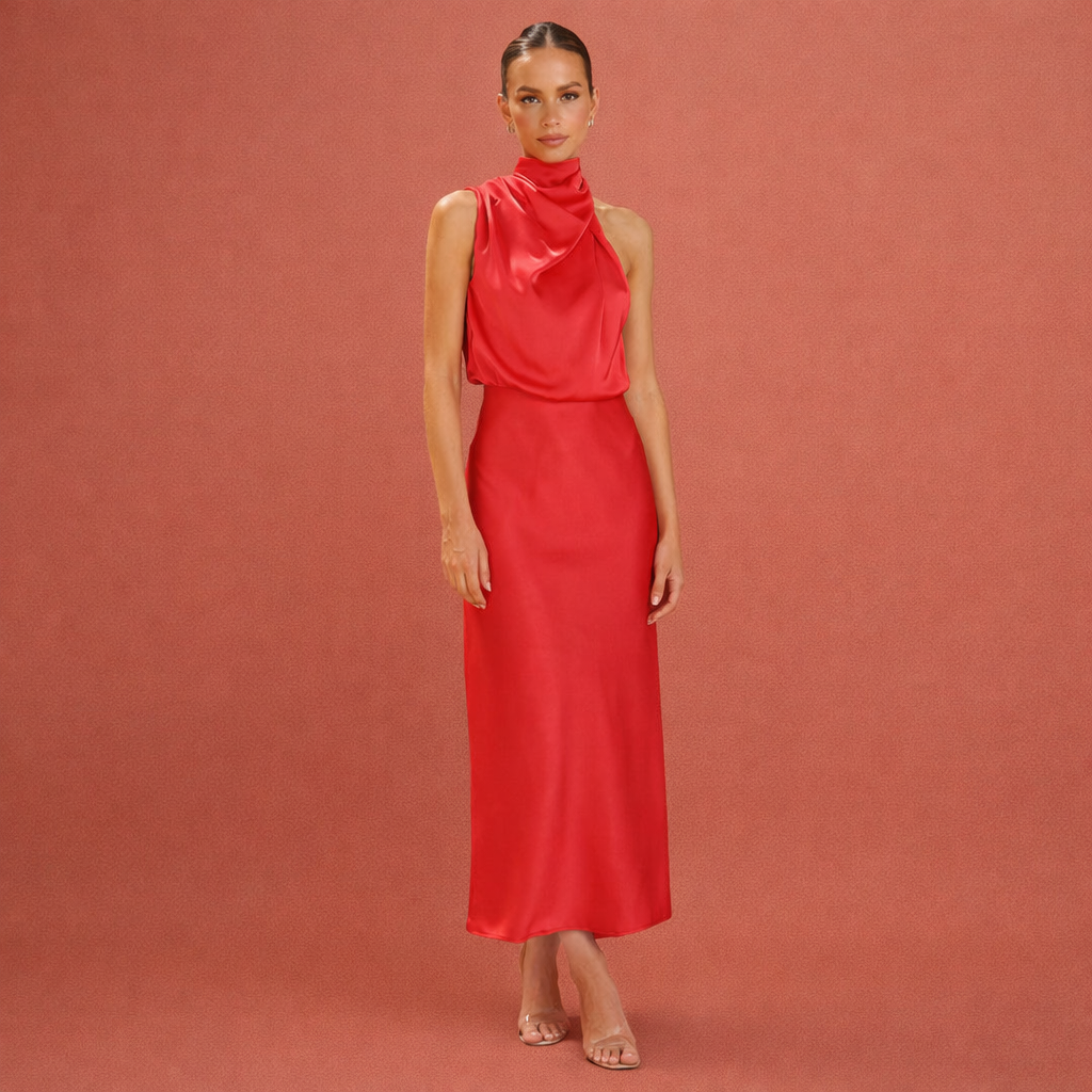 Veelzijdige dames maxi jurk, gedrapeerd en mouwloos, draagbaar als zomerjurk of herfstjurk voor elke feestelijke gelegenheid.
