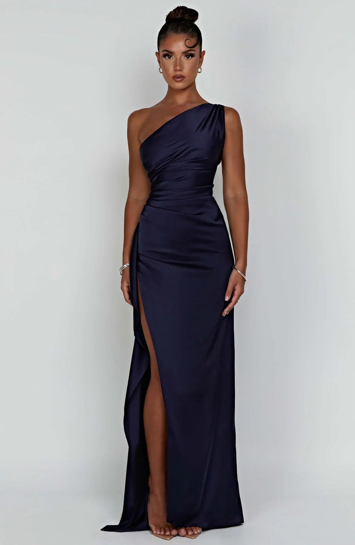 Gala jurk dames, geplooide look, één-schouder, chique split.