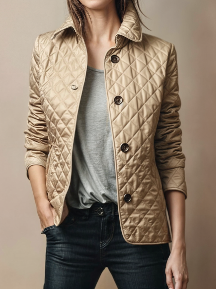 "Elegante gewatteerde damesjas met omgeslagen kraag, ideale winterjas voor stijl en warmte in koude maanden."