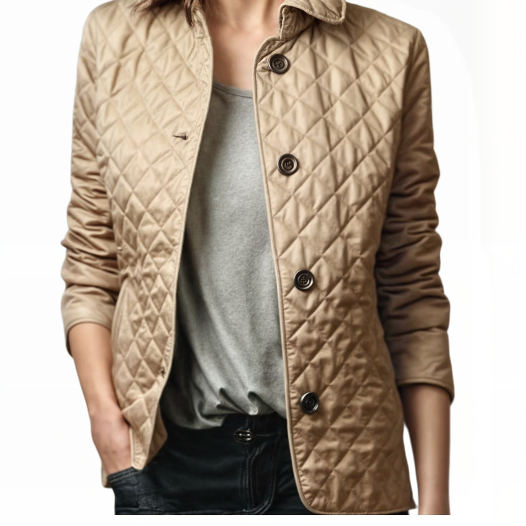 "Elegante gewatteerde damesjas met omgeslagen kraag, ideale winterjas voor stijl en warmte in koude maanden."