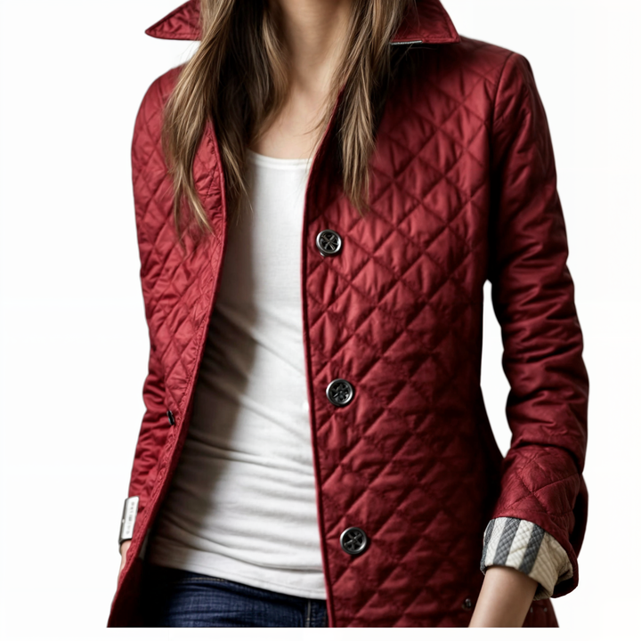 "Elegante gewatteerde damesjas met omgeslagen kraag, ideale winterjas voor stijl en warmte in koude maanden."