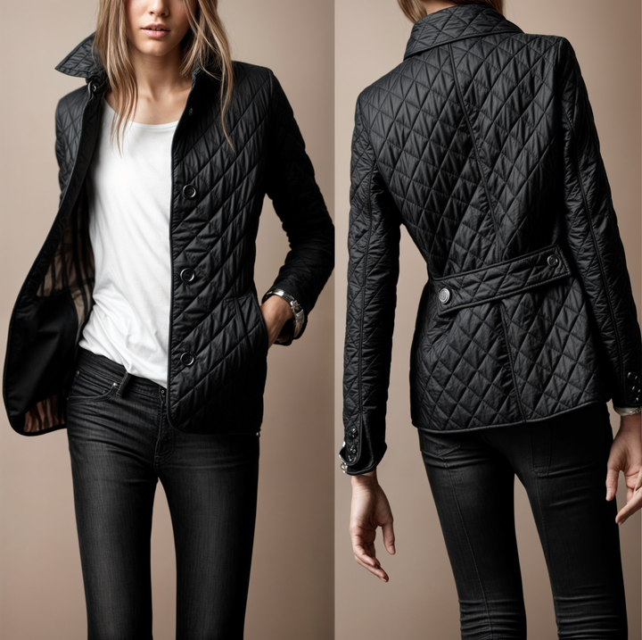 "Elegante gewatteerde damesjas met omgeslagen kraag, ideale winterjas voor stijl en warmte in koude maanden."