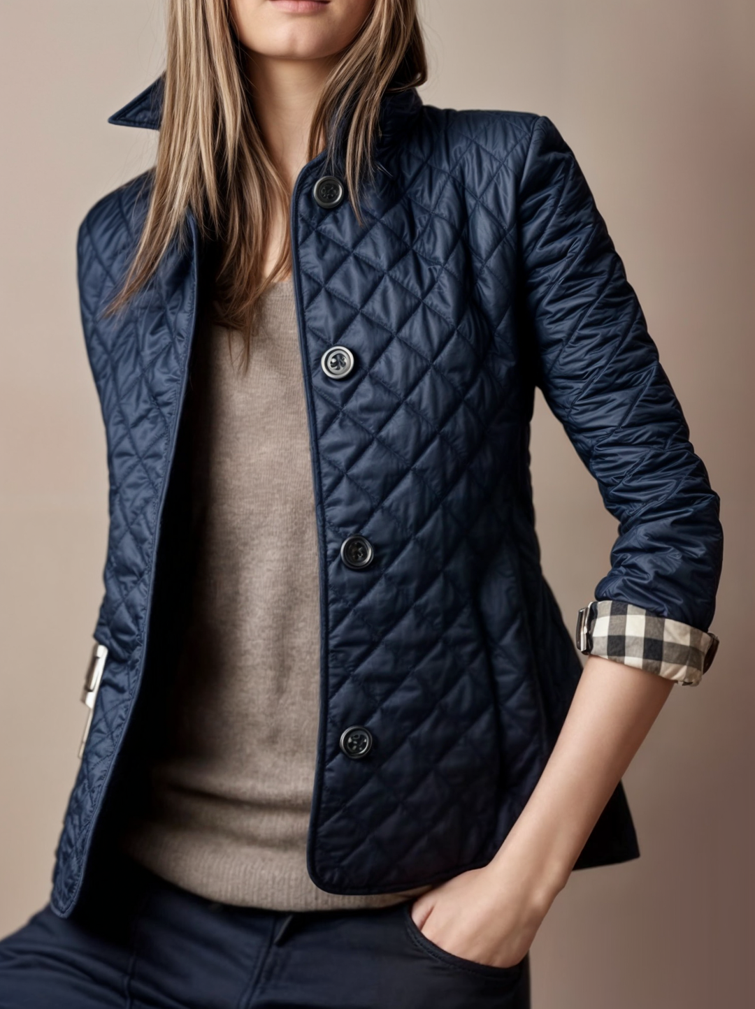 "Elegante gewatteerde damesjas met omgeslagen kraag, ideale winterjas voor stijl en warmte in koude maanden."