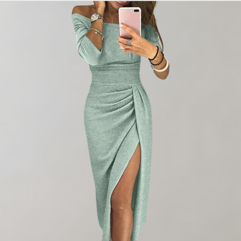 Sprankelende lange avondjurk voor dames, een elegante glitterjurk geschikt als bruiloftsgast. Feestelijke look.