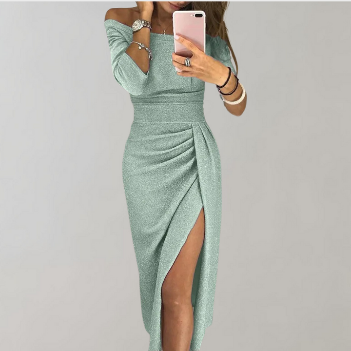 Sprankelende lange avondjurk voor dames, een elegante glitterjurk geschikt als bruiloftsgast. Feestelijke look.