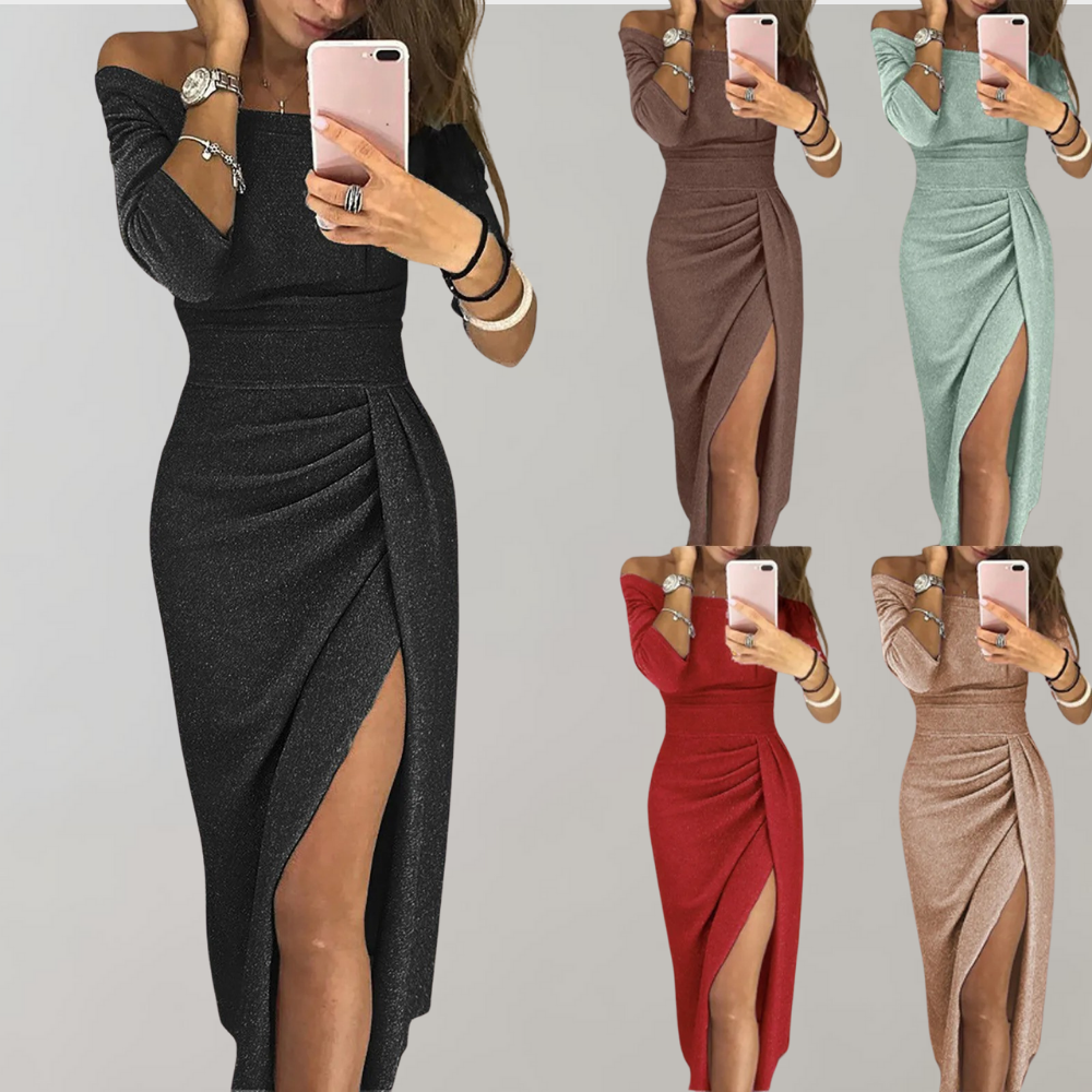 Lange glitterjurk, ideaal als elegante bruiloftsgast jurk of chique avondjurk voor dames. Feestklaar!