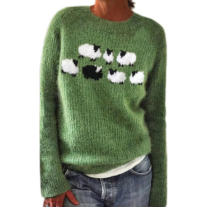 "Elegante groene wollen trui voor dames met klassieke snit, zacht en comfortabel voor koude dagen, perfect te combineren."