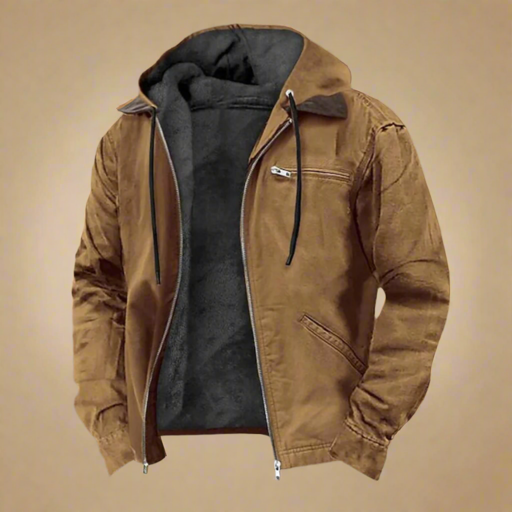 Elegante heren herfstjas bruin, stijlvolle pasvorm, capuchon, zakken, voor koelere seizoenen, modieus en comfortabel.