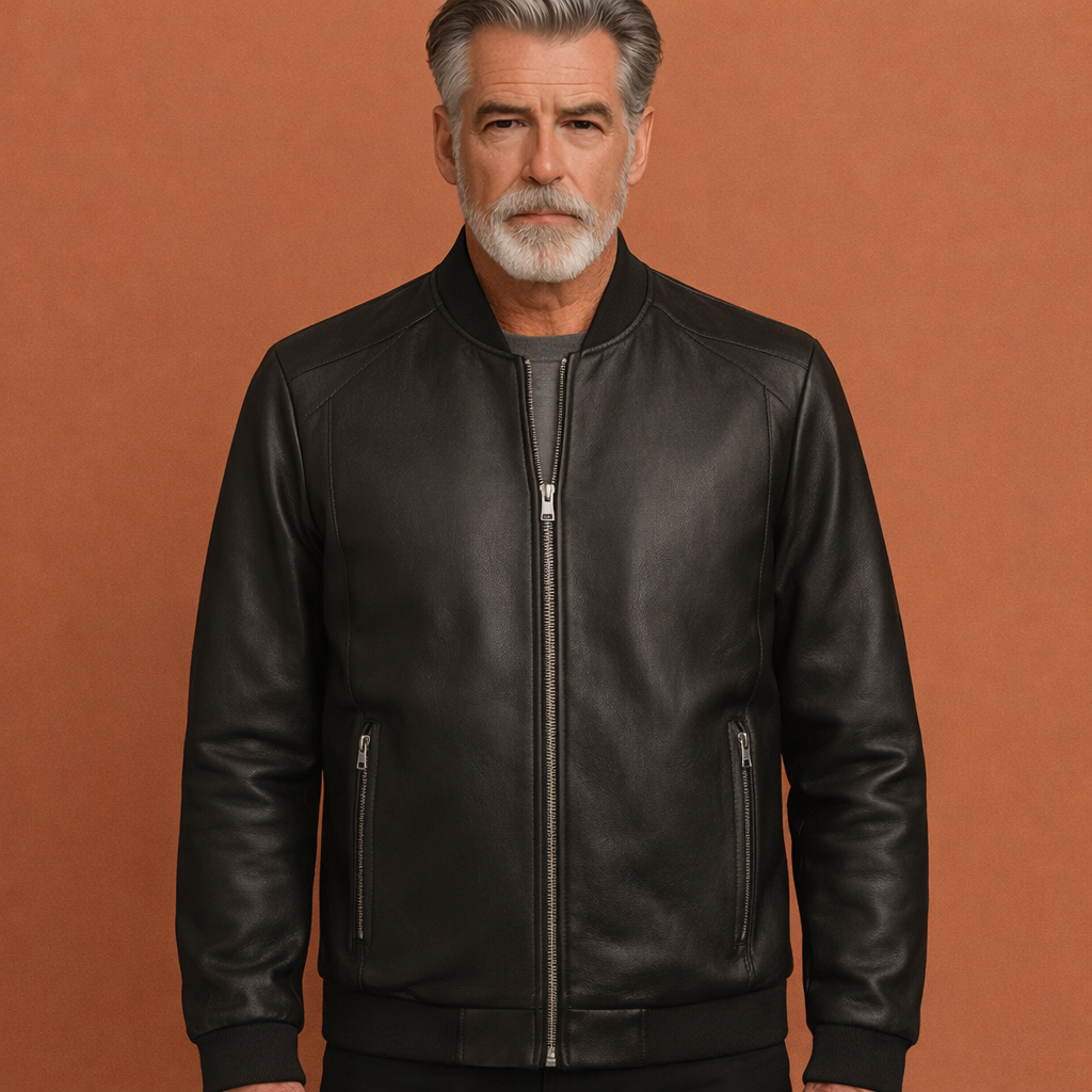 Stijlvolle zwarte leren herenjas; een stoere motorjas en elegante casual buitenjas voor lente/herfst.