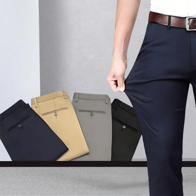 "Elegante heren stretch pantalon in klassiek zwart, met slanke snit en ademende rekbare stof voor comfort en stijl."