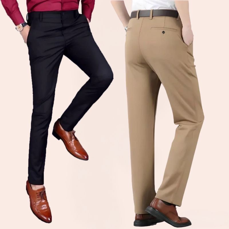 "Elegante heren stretch pantalon in klassiek zwart, met slanke snit en ademende rekbare stof voor comfort en stijl."