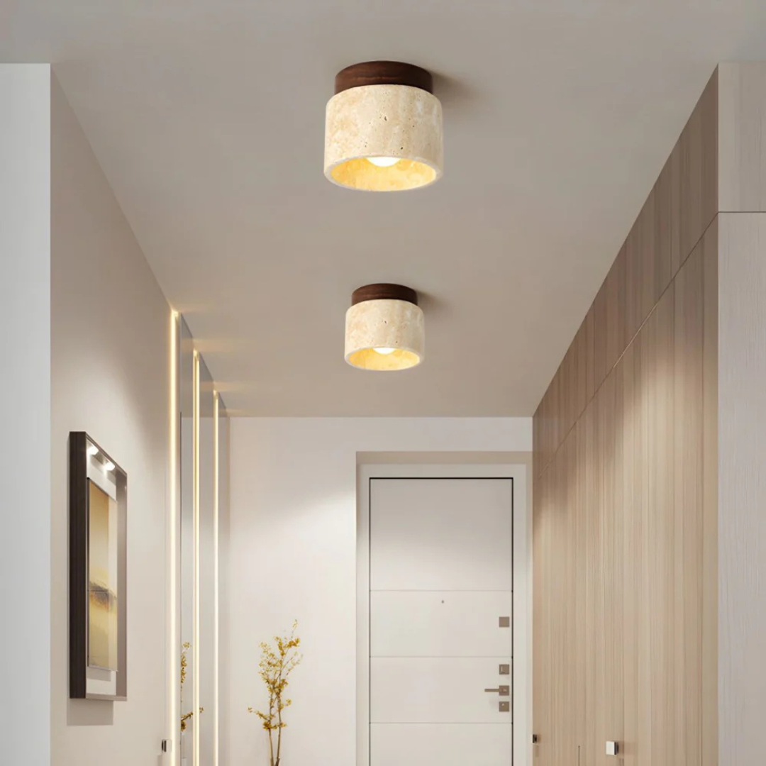 "Elegante Japanse plafondlamp van marmer en hout, modern design, warm licht, perfecte verlichting voor woon- en slaapkamers."