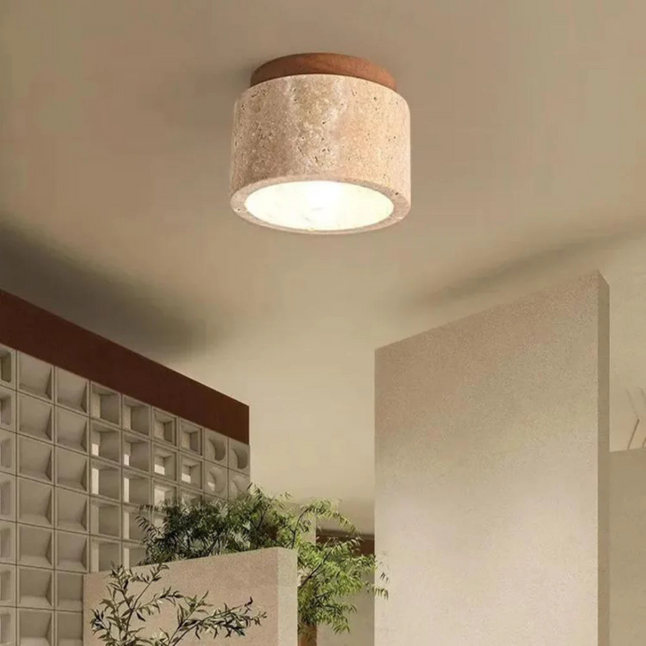 "Elegante Japanse plafondlamp van marmer en hout, modern design, warm licht, perfecte verlichting voor woon- en slaapkamers."
