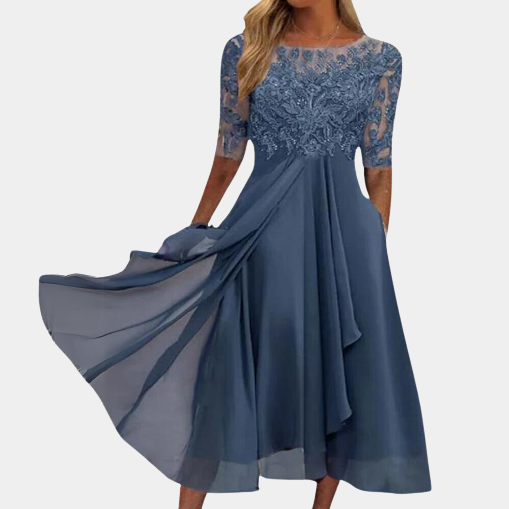 Elegante kanten dames midi jurk, perfect voor zomerse feesten en avonden.